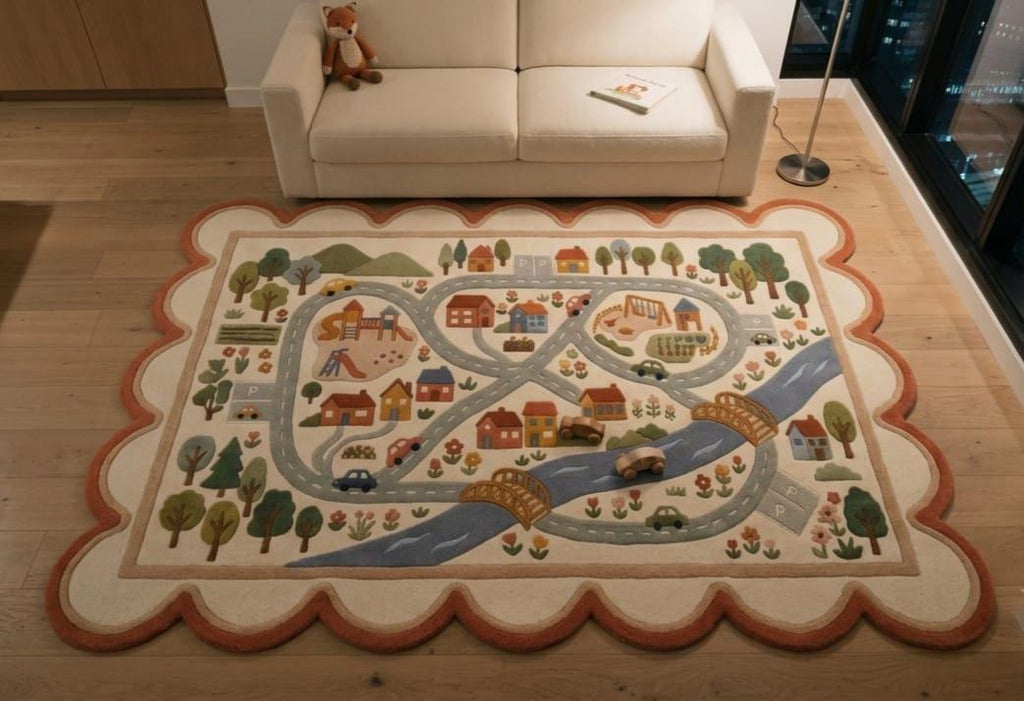 Shubham Art Rugs hand tufted New Zealand wool kids road map play rug featuring an ivory cream base with a unique scalloped border layout
 A large rectangular area rug with a scalloped border and a whimsical countryside road scene, displayed on a light wood floor in a living room setting with a cream sofa in the background.
