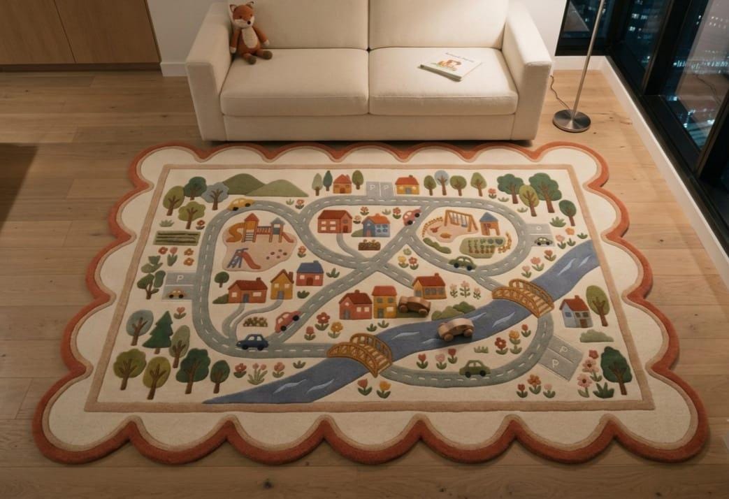 Shubham Art Rugs hand tufted New Zealand wool kids road map play rug featuring an ivory cream base with a unique scalloped border layout
 A large rectangular area rug with a scalloped border and a whimsical countryside road scene, displayed on a light wood floor in a living room setting with a cream sofa in the background.