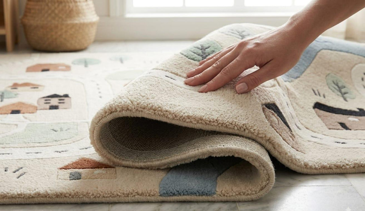 Detailed plush pile depth profile on a handmade New Zealand wool interactive children city street map carpet A close-up of a person's hand lifting a rolled section of a plush cream-colored area rug with a whimsical, low-poly style house and tree pattern in muted blue, green, and brown tones. The rug is shown on a light-colored floor in a bright room.
