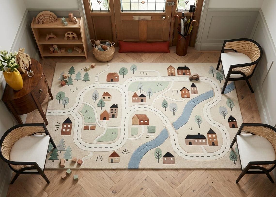 Shubham Art Rugs hand tufted wool city map play rug featuring a boho neutral nursery road layout A large children's play rug featuring a whimsical village road scene with houses, trees, and winding roads, styled in a cozy, well-lit room with wooden floors and chairs.