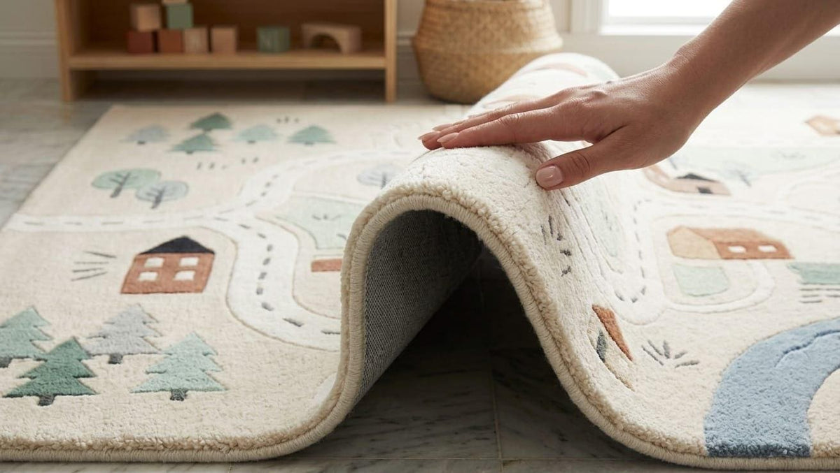Detailed plush pile depth profile on a handmade New Zealand wool interactive children city street map carpet A close-up of a child's play rug with a playful outdoor road and house pattern, being held up by a hand to show its soft, plush texture.