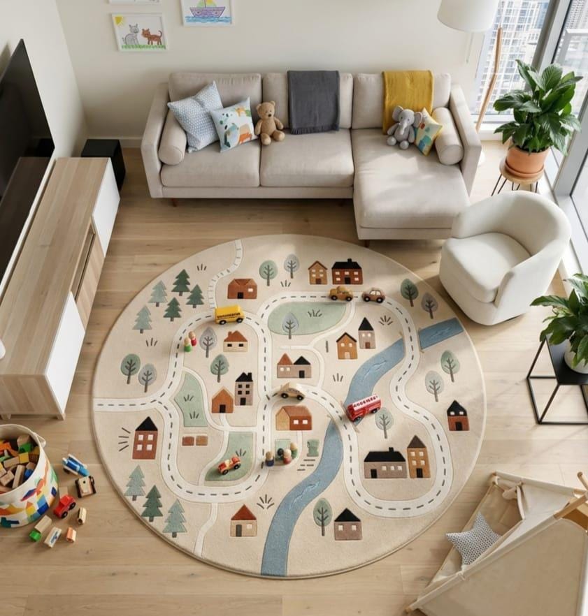Boho neutral kids road play rug styled on a hardwood floor inside a modern minimalist nursery room layout A large round children's play rug with a village road pattern, featuring illustrated houses, trees, a winding river, and toy vehicles, shown in a bright modern living room setting.