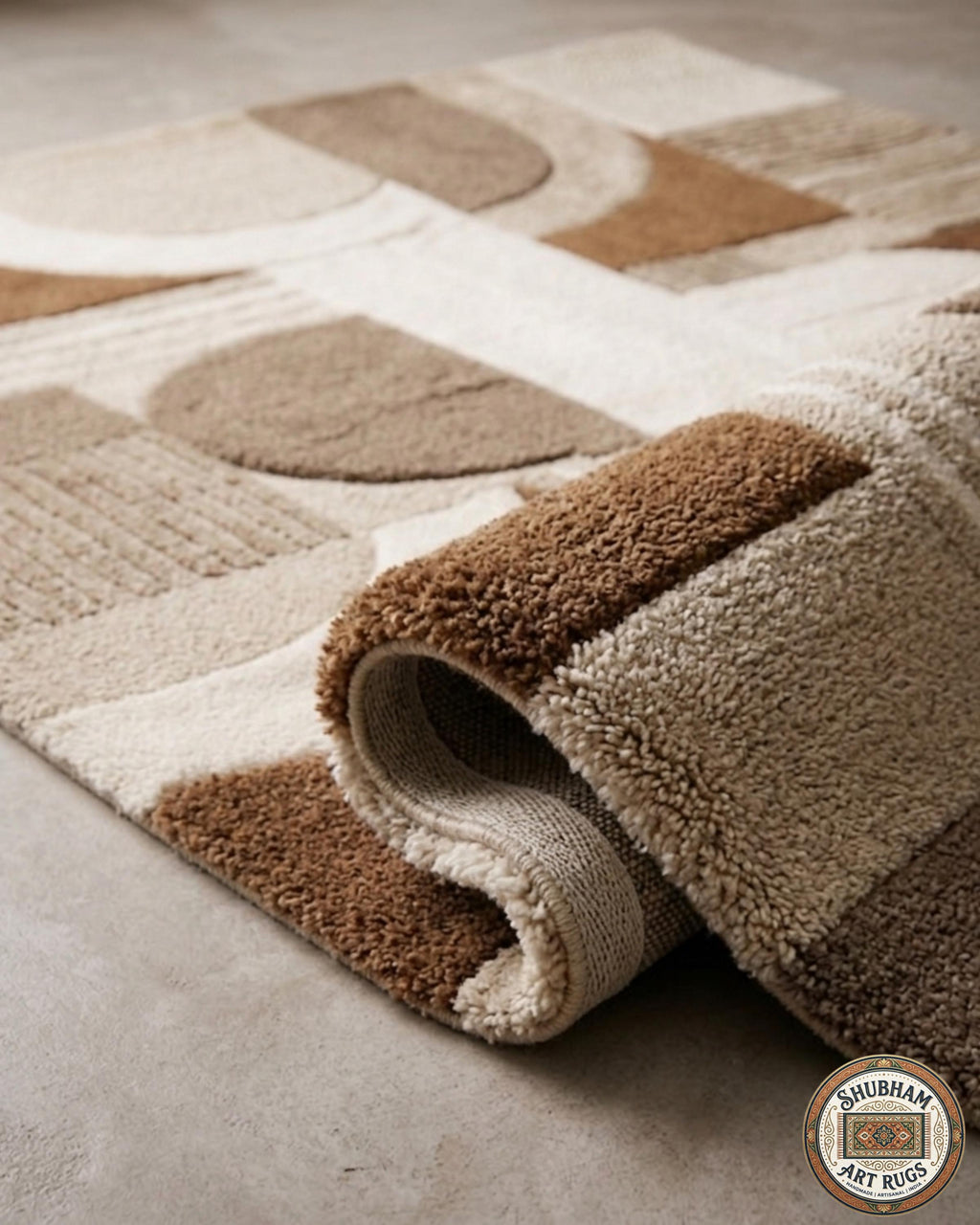 Hand Tufted Wool Rug, Modern Abstract Geometric Carpet, Neutral Beige Living Room Rug