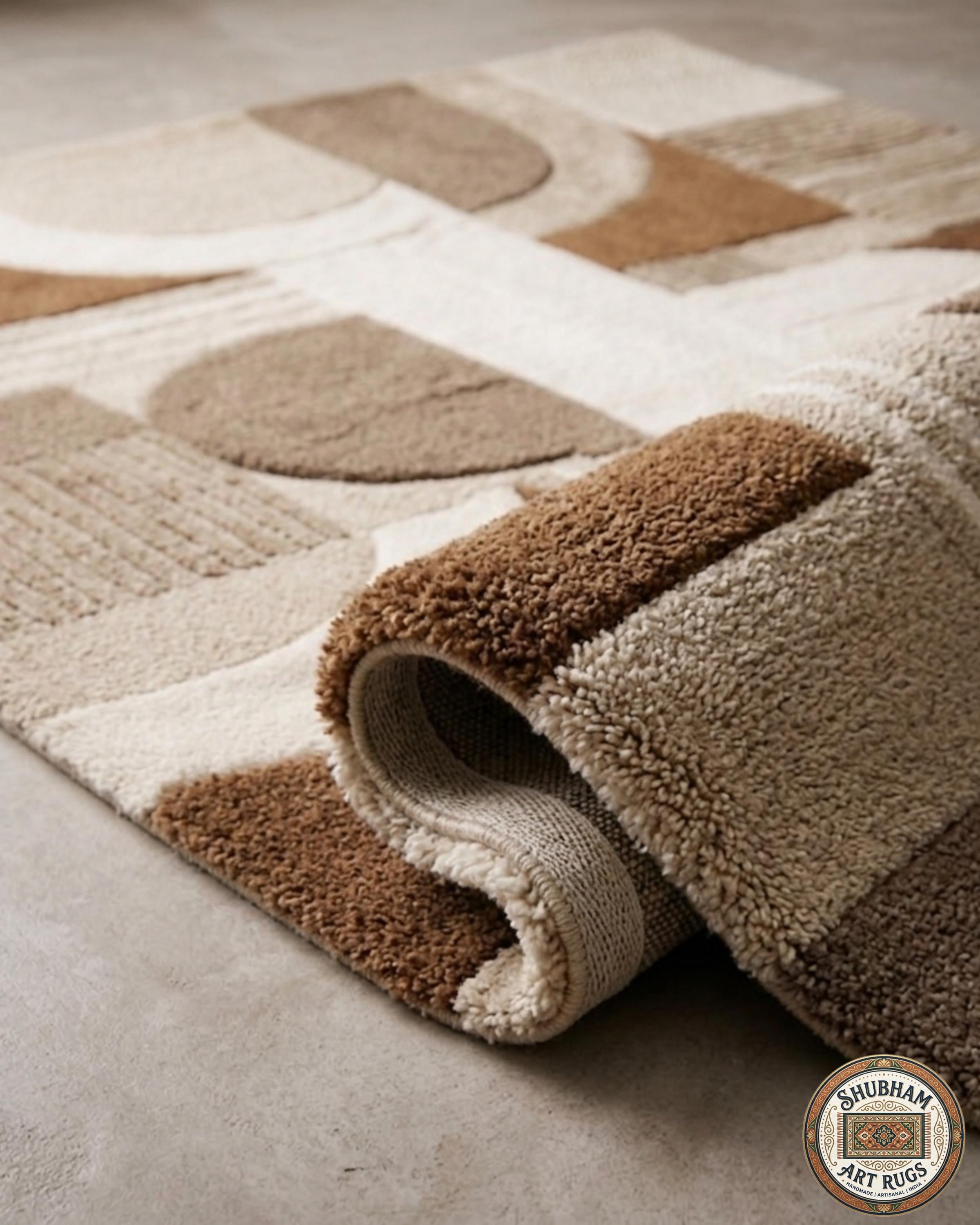 Hand Tufted Wool Rug, Modern Abstract Geometric Carpet, Neutral Beige Living Room Rug