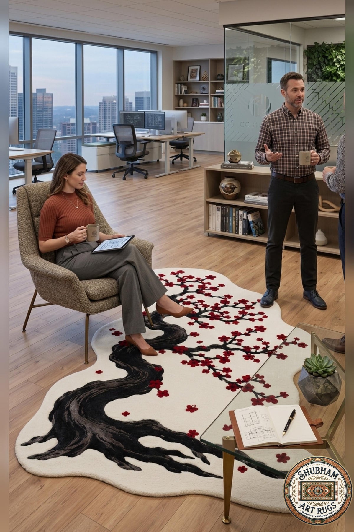 Hand Tufted Wool Rug, Cherry Blossom Tree, Organic Shape, Japanese Floral Carpet