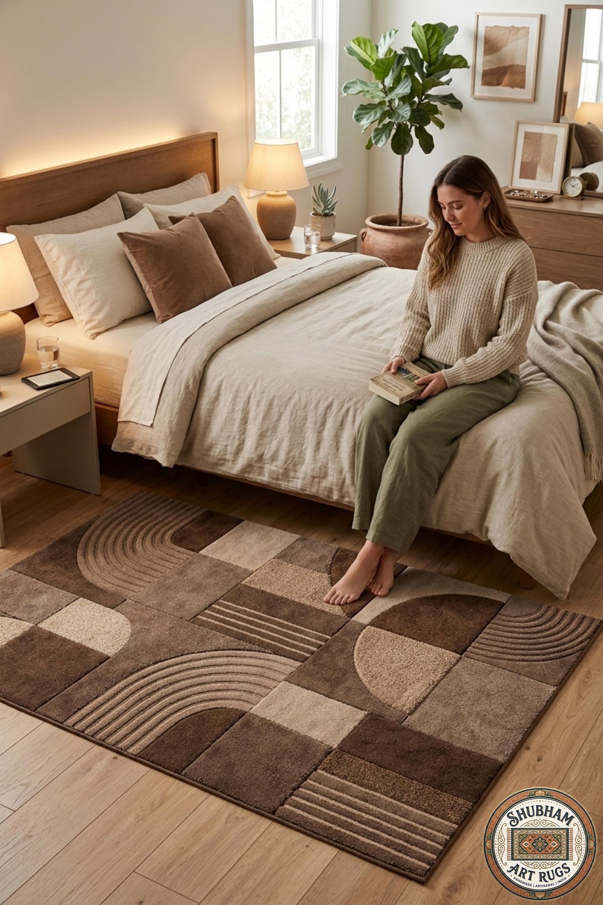 Hand Tufted Wool Rug, Geometric Abstract Brown Beige Carpet, Modern Living Room Area Rug