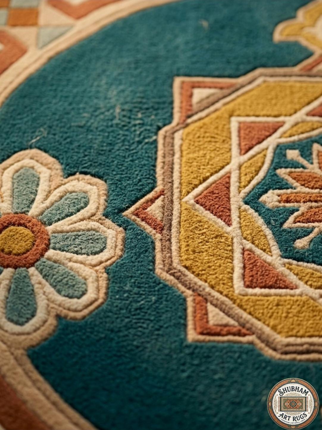 Teal Persian Medallion Wool Rug – Hand Tufted Geometric Living Room Carpet
