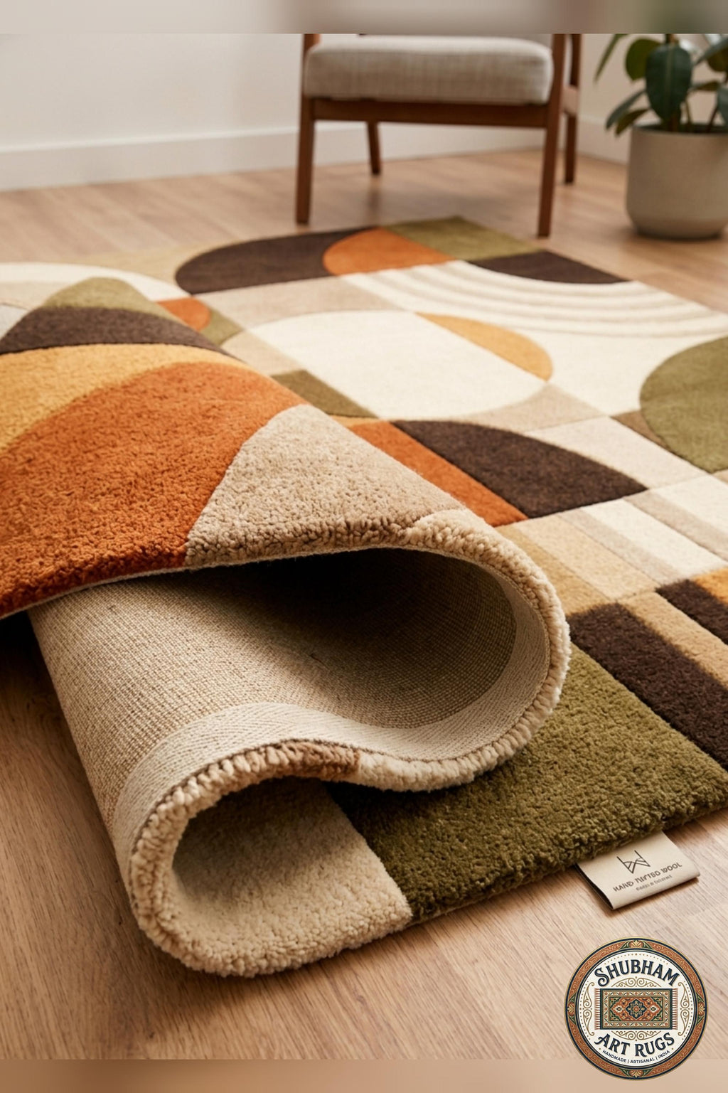 Hand Tufted Wool Rug, Geometric Abstract Mid Century Carpet, Organic Art Home Decor