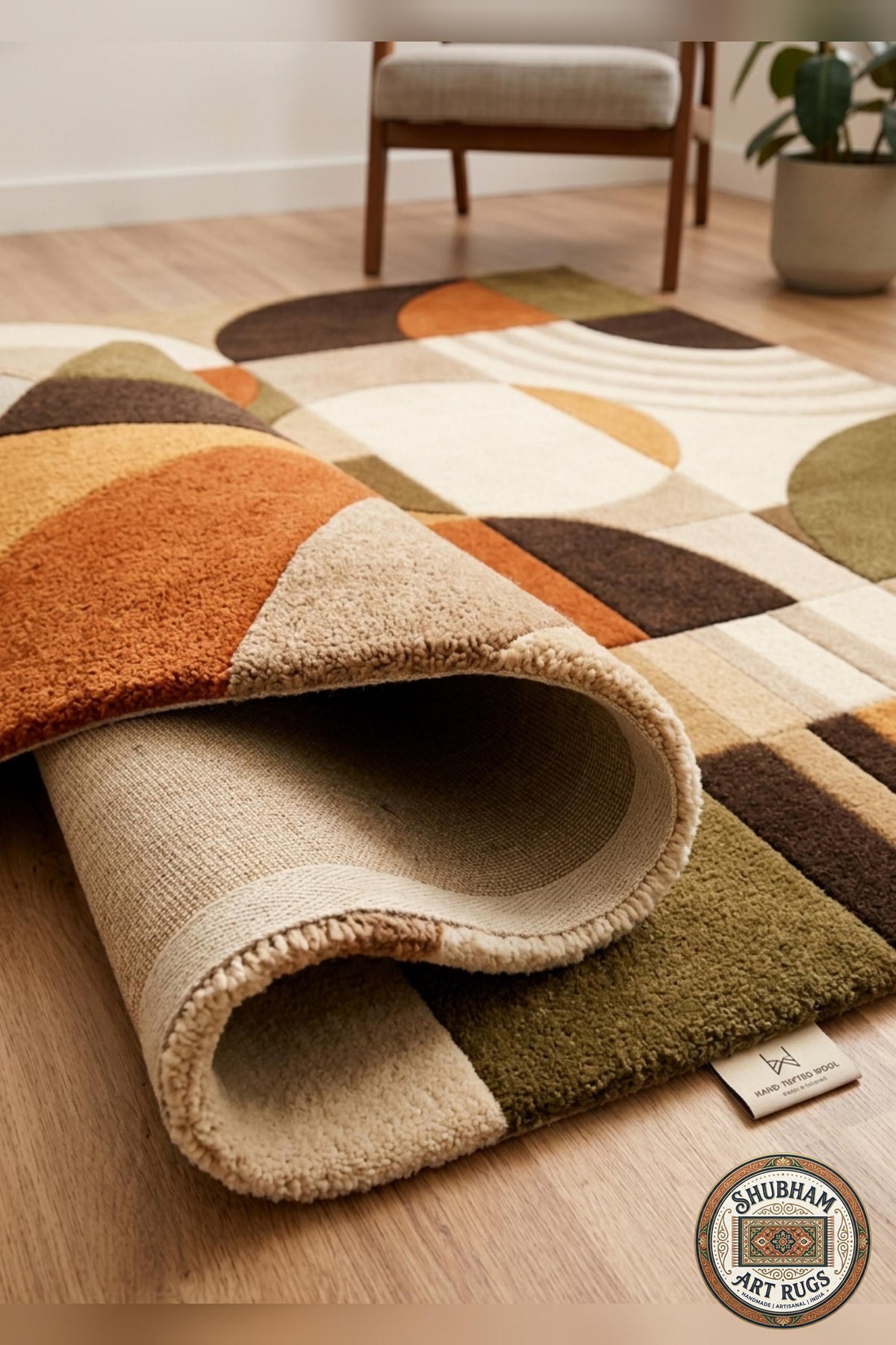 Hand Tufted Wool Rug, Geometric Abstract Mid Century Carpet, Organic Art Home Decor