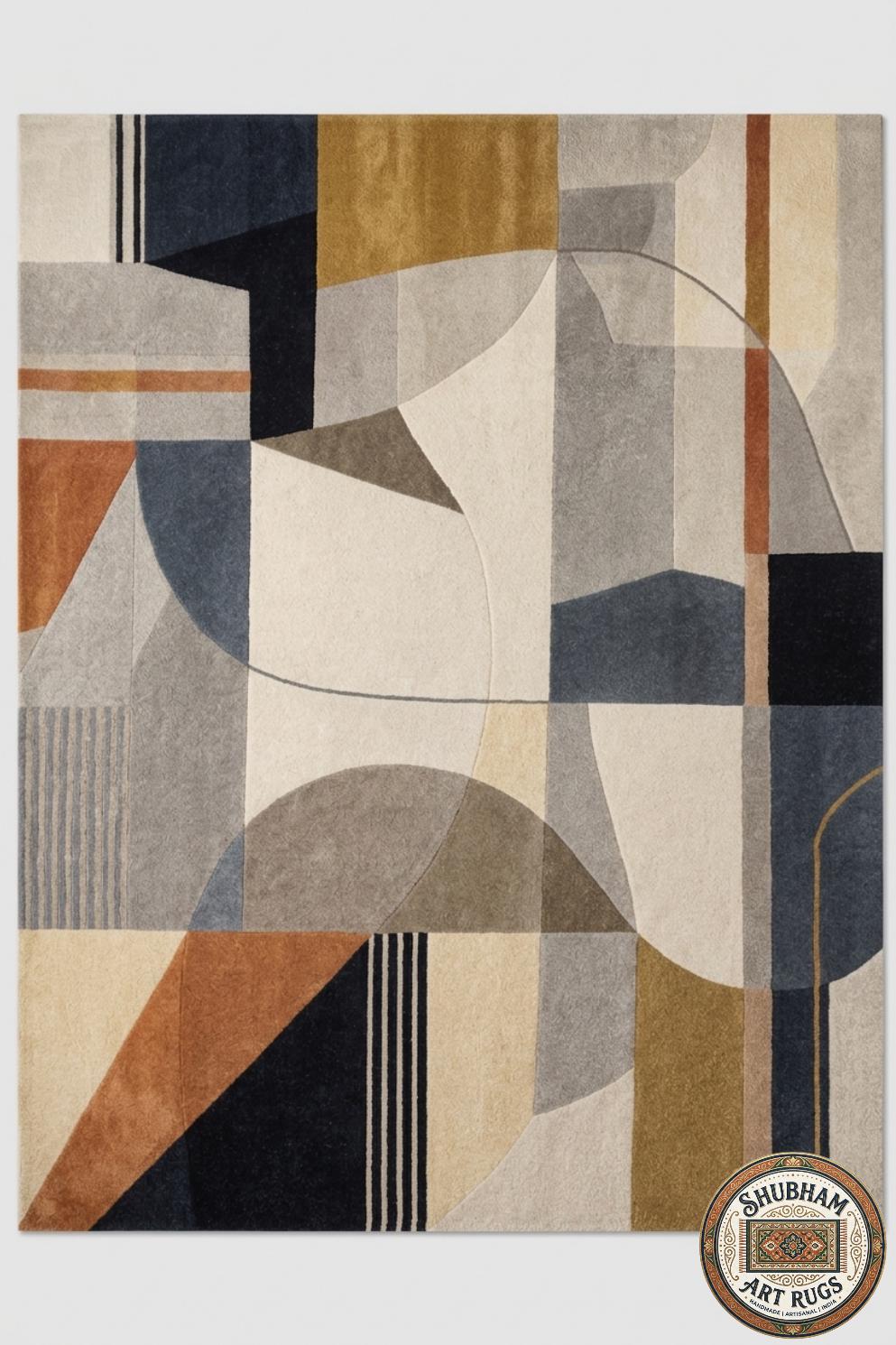 Hand Tufted Wool Rug: Modern Abstract Geometric Area Carpet, Neutral Beige Home Decor