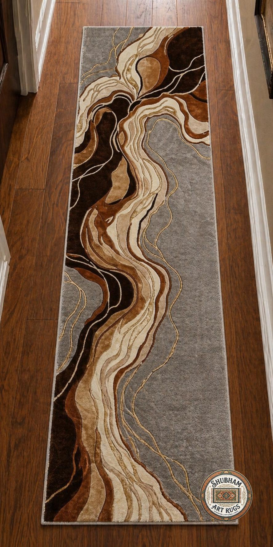 Hand Tufted Wool Abstract Rug: Modern Wavy Design, Neutral Brown Grey Carpet