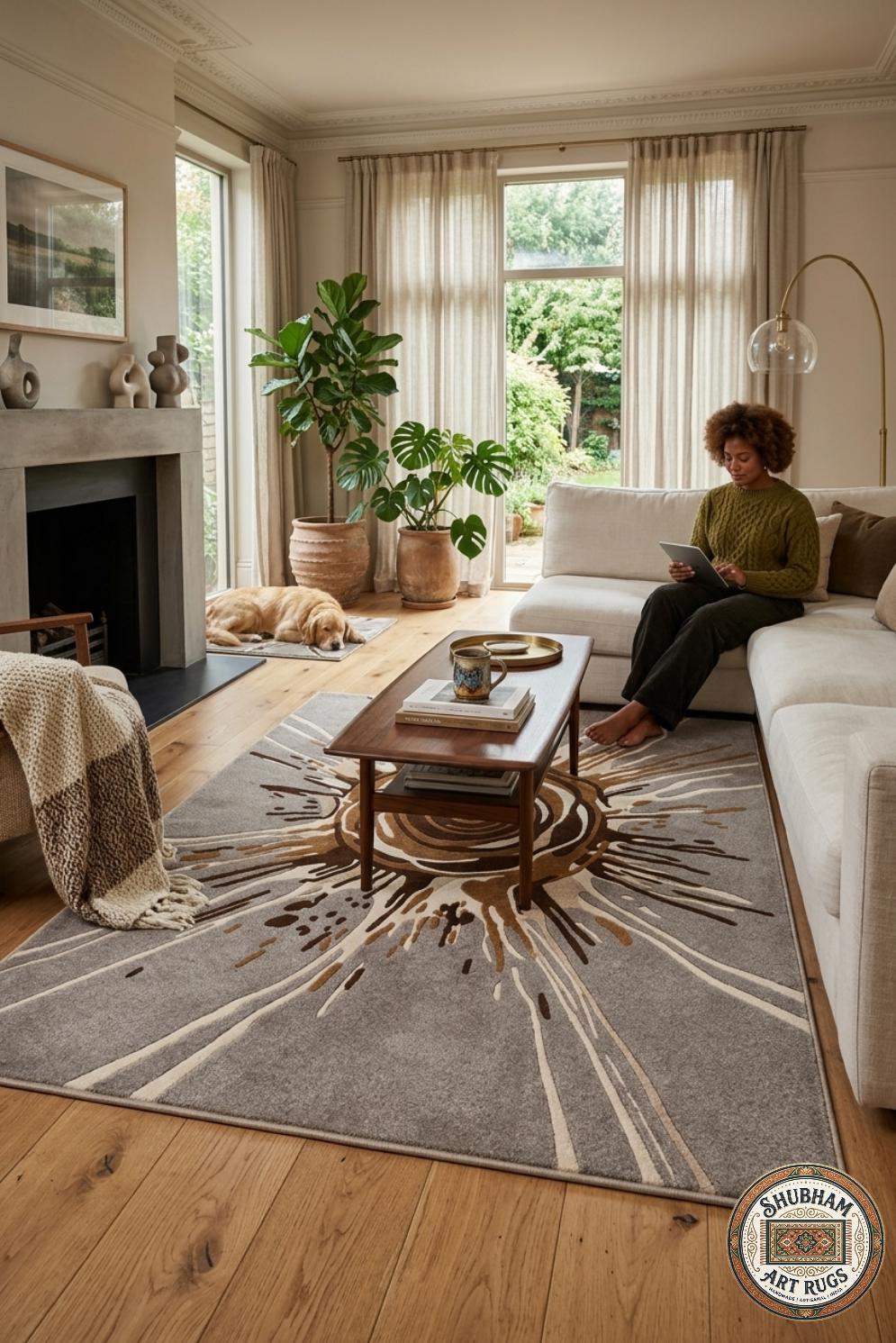 Hand Tufted Wool Rug: Modern Abstract Sunburst Design Carpet – Living Room, Bedroom
