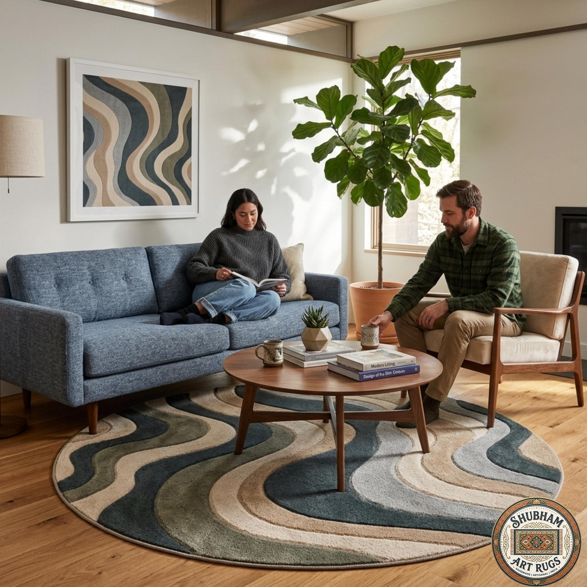 Hand Tufted Wool Rug, Abstract Wavy Area Carpet, New Zealand Blend, Custom Shape Decor