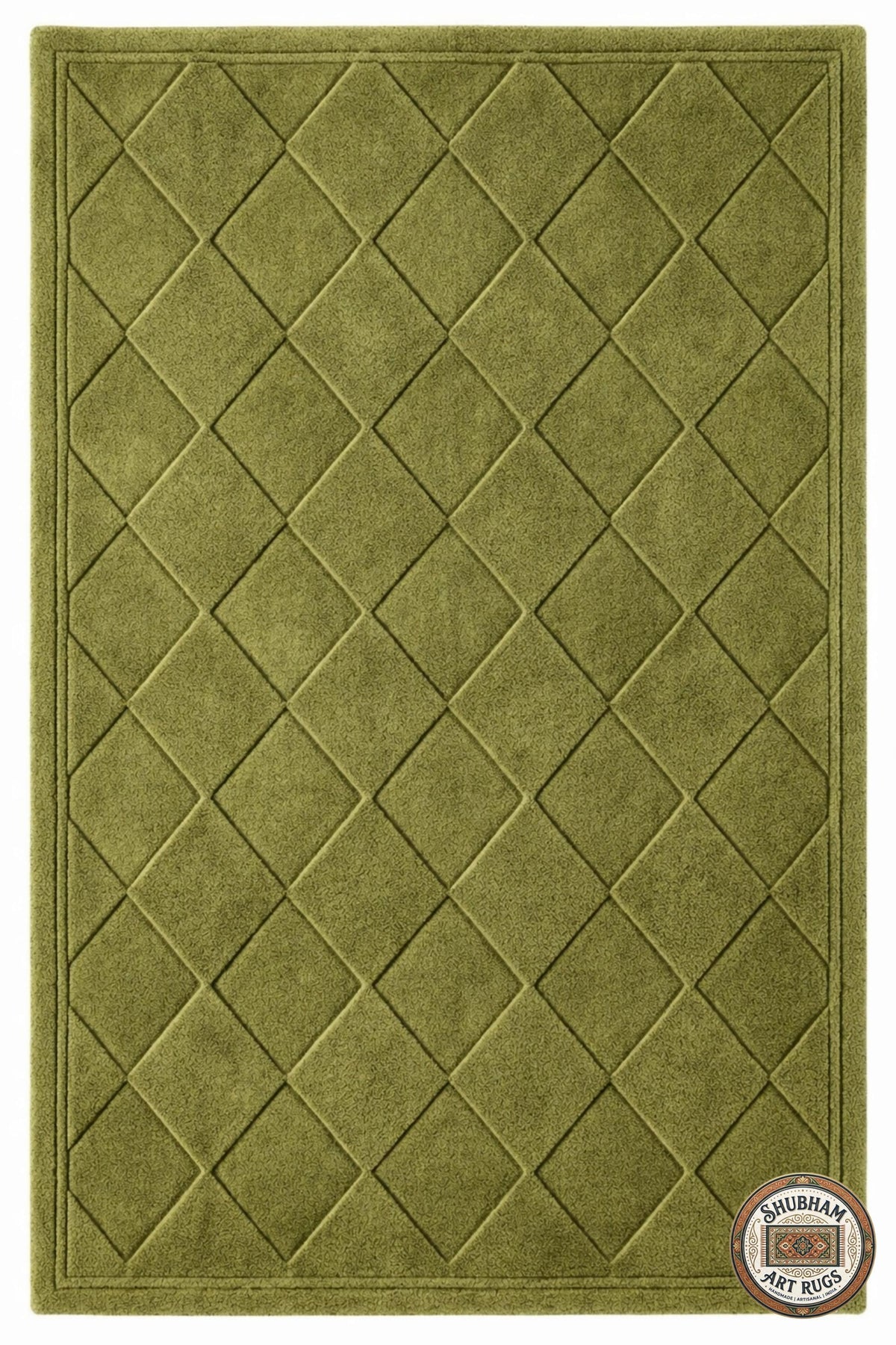 Hand Tufted Wool Rug: Green Geometric Diamond Carpet, Soft Dense Pile