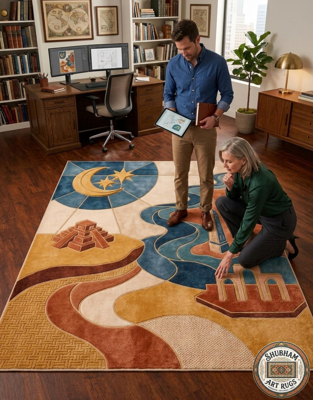 Hand Tufted Wool Area Rug, Celestial Moon Star Abstract Boho Carpet
