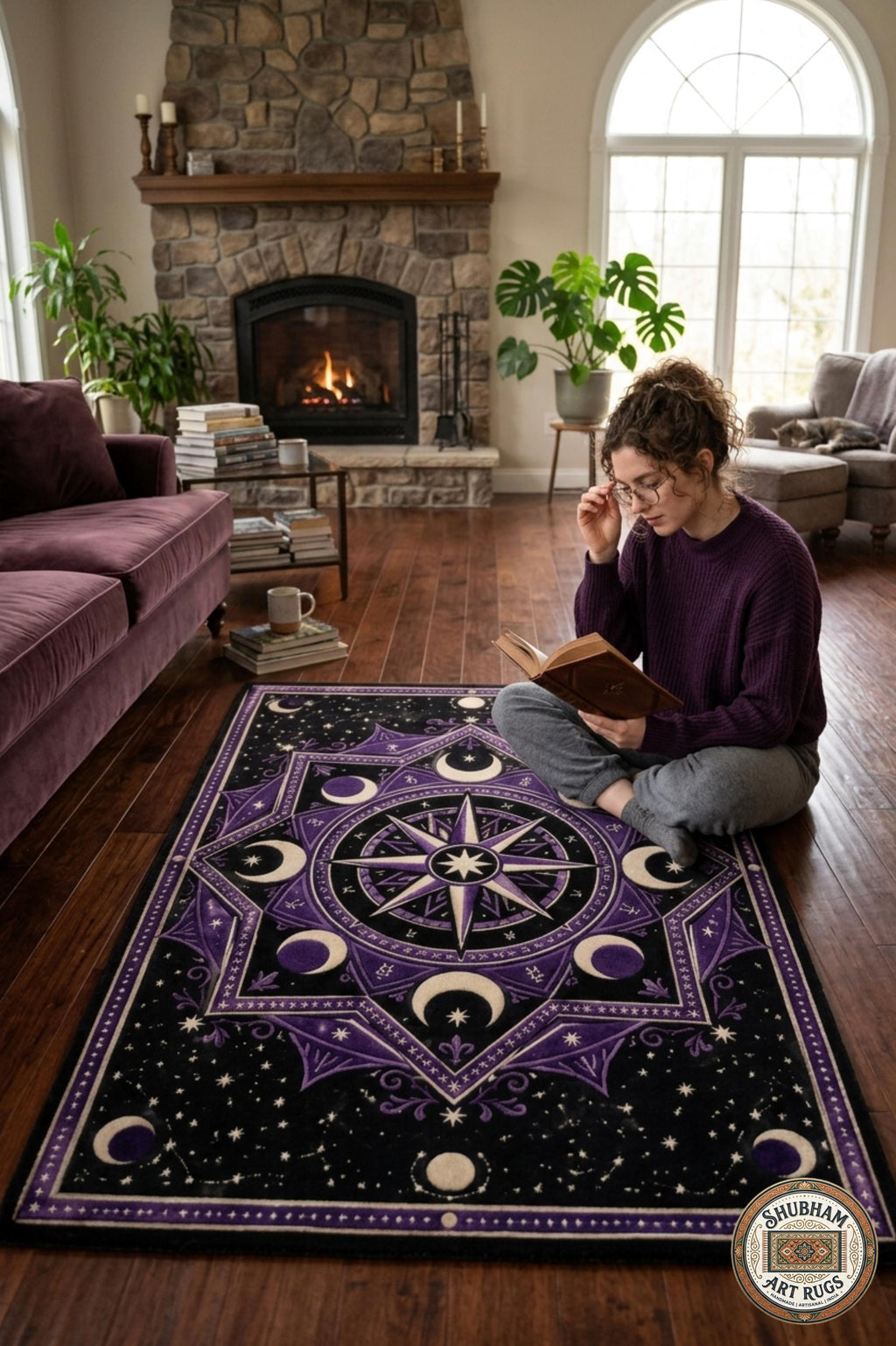 Hand Tufted Wool Celestial Rug, Purple Moon Star Carpet, Gothic Astrology Round Area Rug