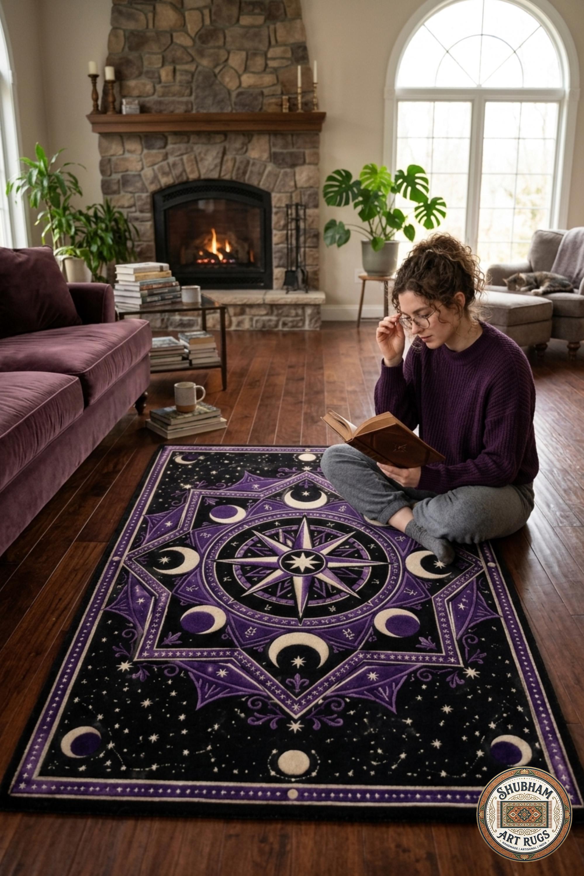 Hand Tufted Wool Celestial Rug, Purple Moon Star Carpet, Gothic Astrology Round Area Rug