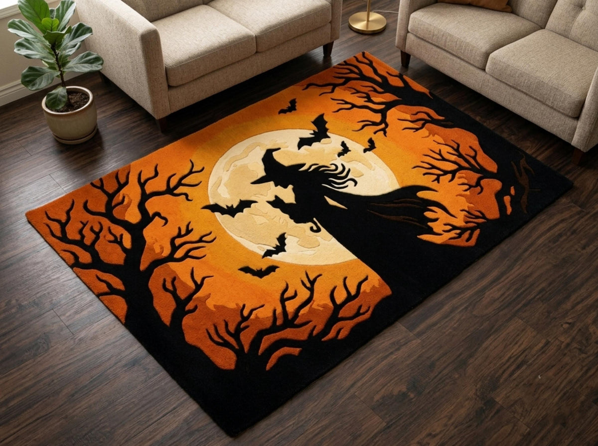 Halloween Witch Rug, Hand Tufted New Zealand Wool Rug, Gothic Orange Moon Bat Carpet, Spooky Fall Decor, Halloween Living Room Rug