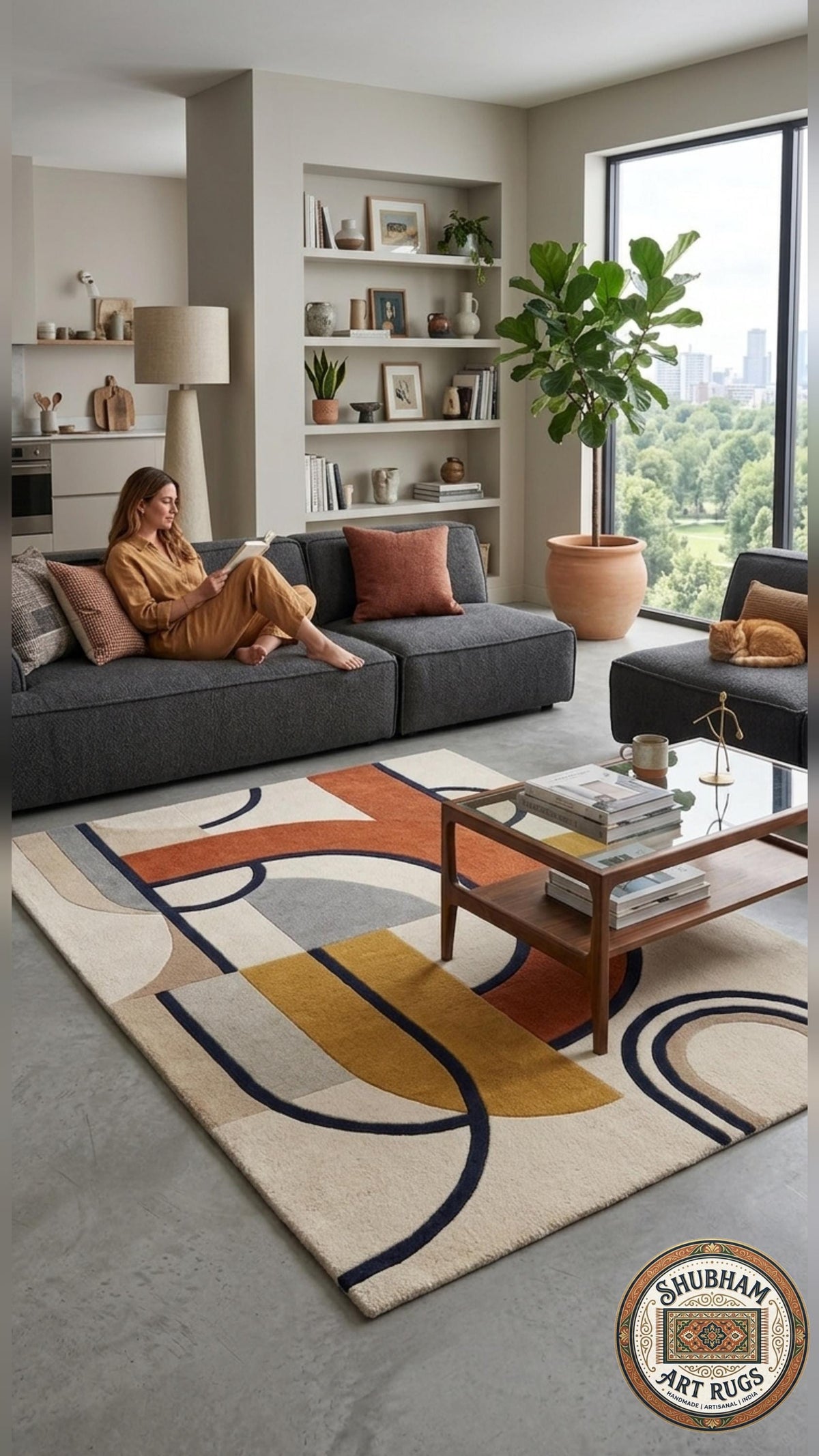 Hand Tufted Wool Rug: Modern Geometric Abstract Carpet, Custom Size Living Room Area Rug