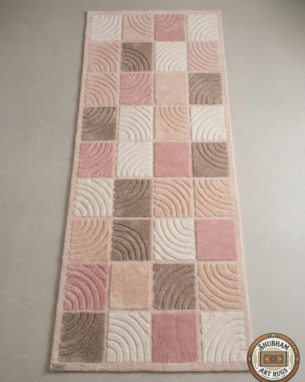 Hand Tufted Wool Rug, Soft Pink Beige Checkered Nursery Carpet, New Zealand wool