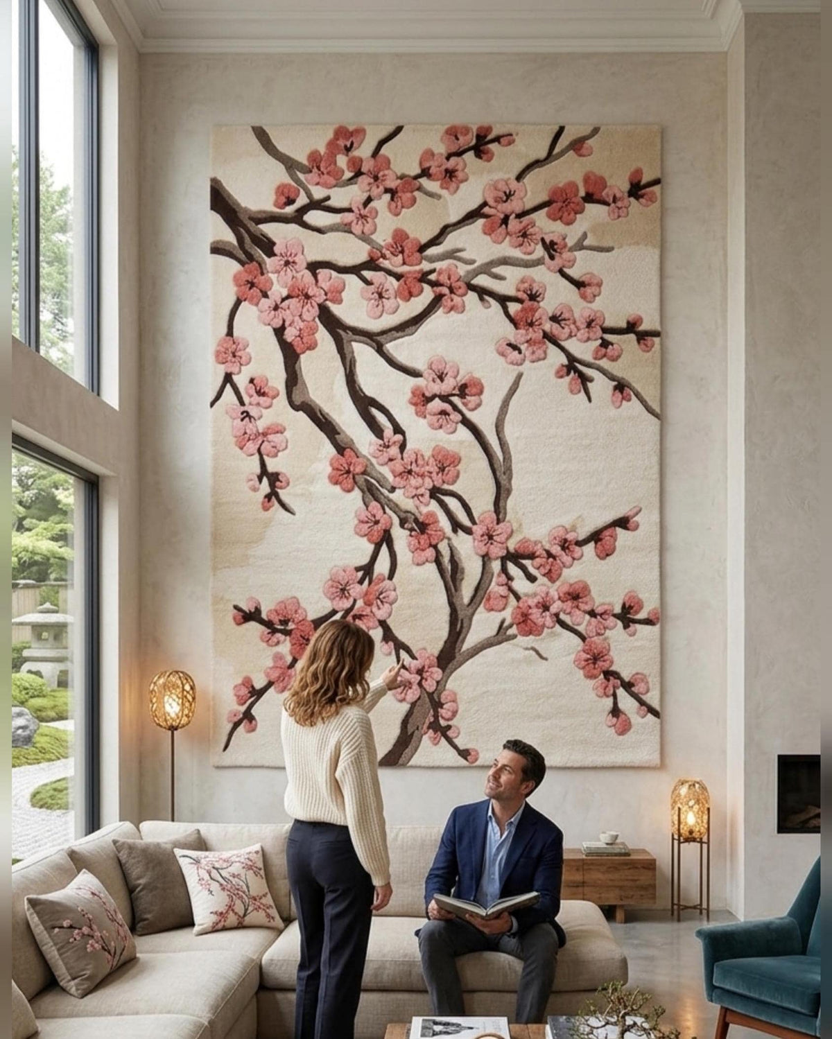Hand Tufted Wool Rug, Cherry Blossom Floral, New Zealand wool, Japanese Style Carpet