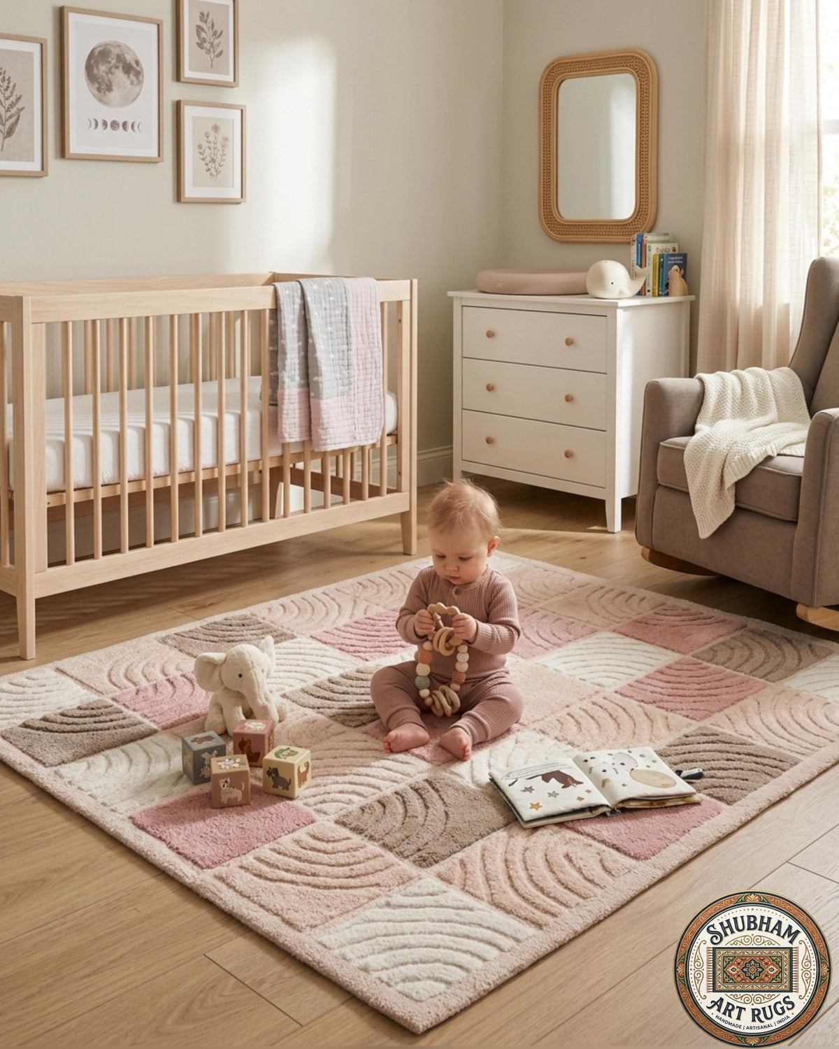 Hand Tufted Wool Rug, Soft Pink Beige Checkered Nursery Carpet, New Zealand wool