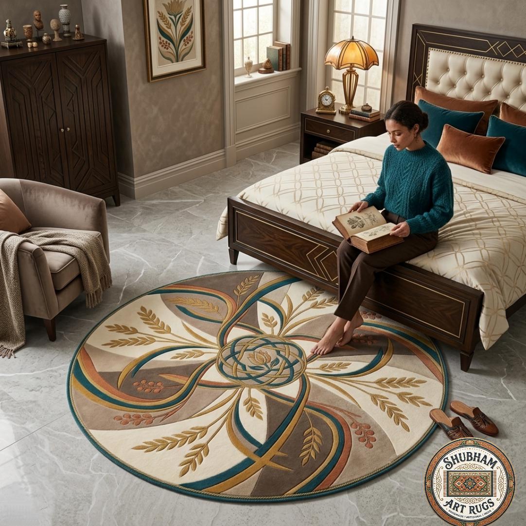 Hand Tufted Wool Round Rug, Floral Abstract Art Deco, Beige Green Gold Living Room