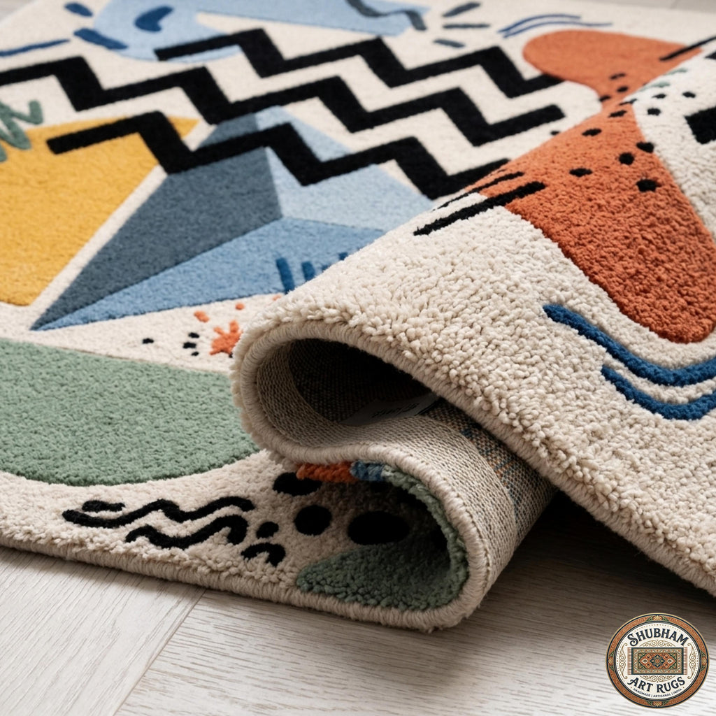 Abstract Hand Tufted Wool Rug, Geometric Indian Carpet, Luxury Living Room Area Rug