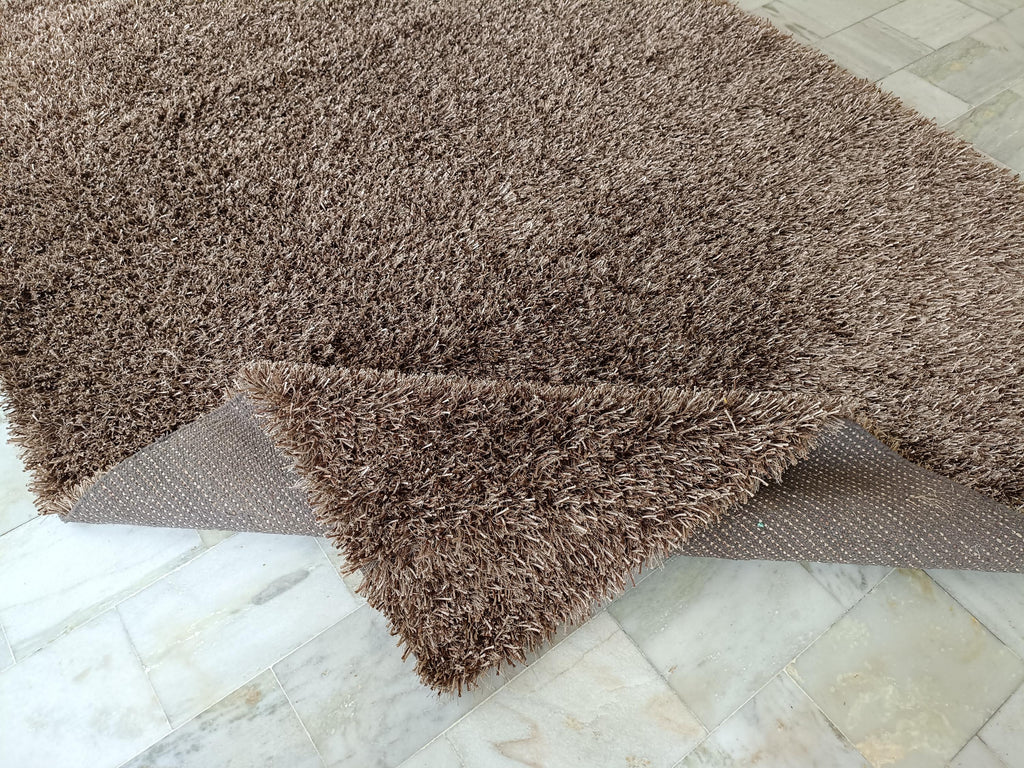 Shaggy Wool Silk Blend Rug 6x9 Ft Brown Beige Plush Modern Carpet