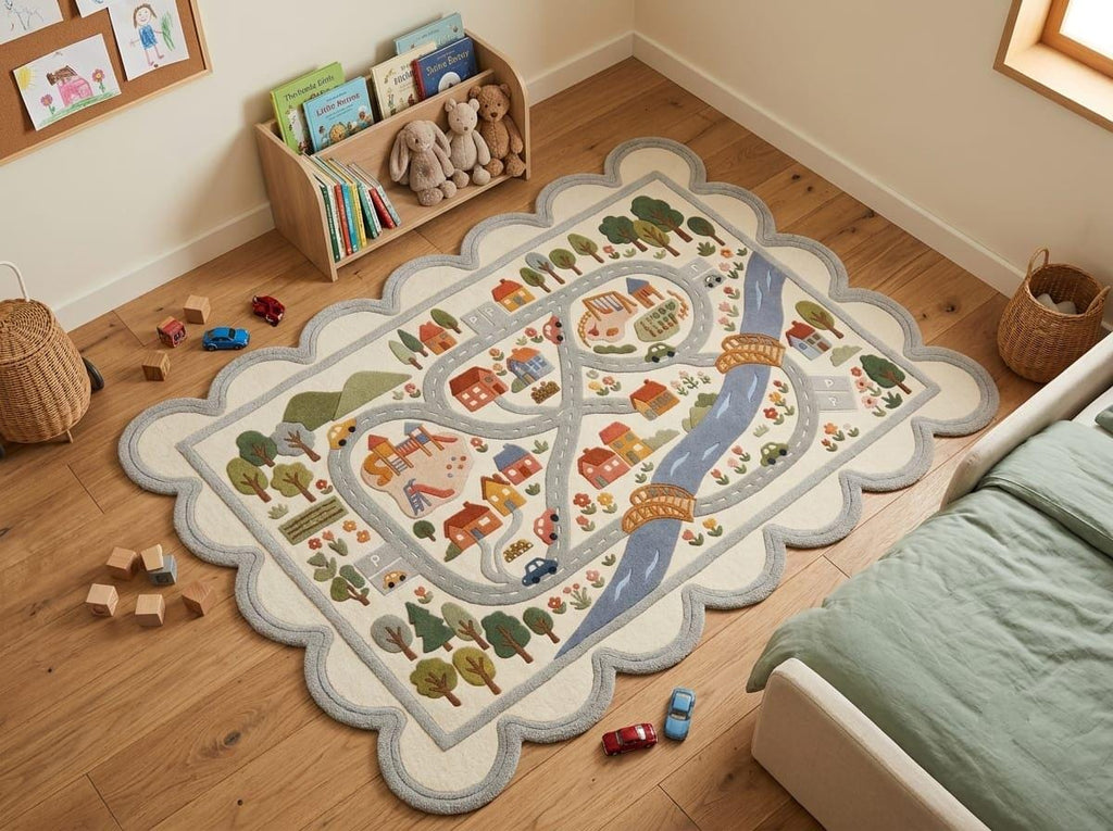 Hand Tufted New Zealand Wool Kids Road Map Rug Scalloped Border Playroom Boho Living Room Carpet