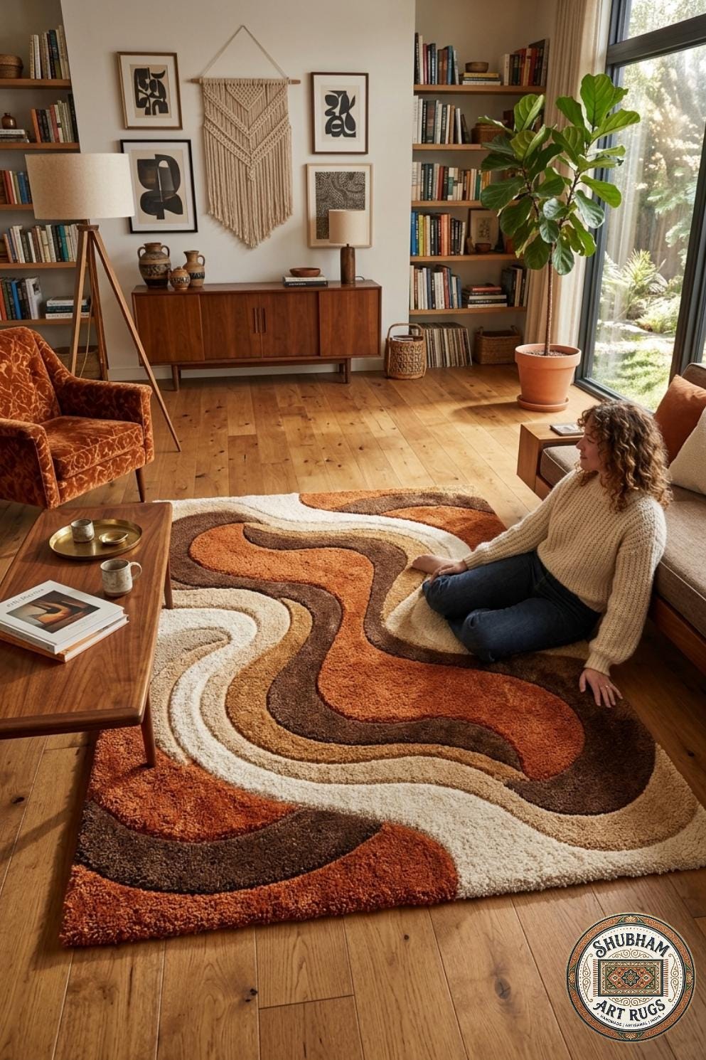 Hand Tufted Wool Rug: Retro Wave Abstract Design, Living Room Bedroom Carpet