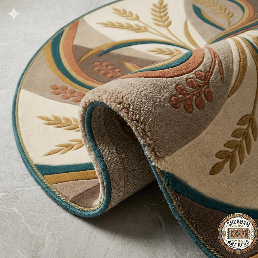 Hand Tufted Wool Round Rug, Floral Abstract Art Deco, Beige Green Gold Living Room