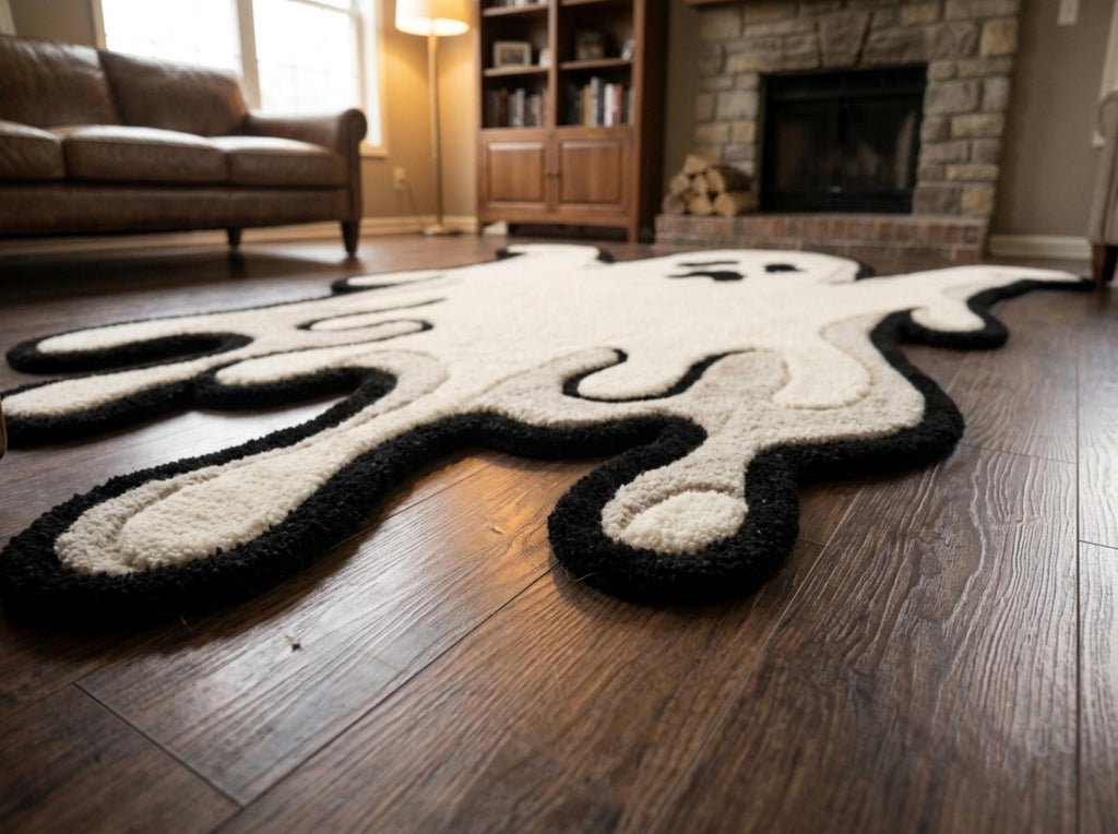 Hand Tufted New Zealand Wool Ghost Rug, Cream Black Halloween Area Rug