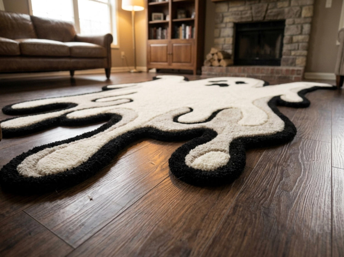 Hand Tufted New Zealand Wool Ghost Rug, Cream Black Halloween Area Rug