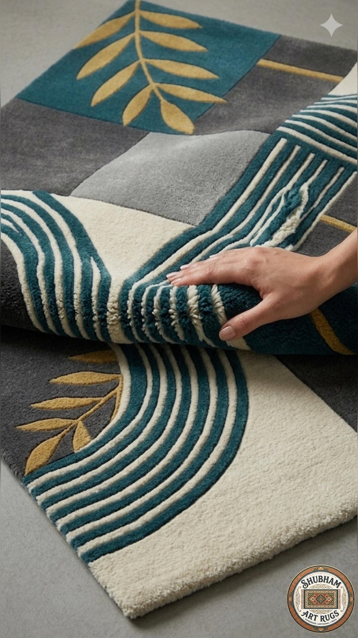 Hand Tufted Wool Rug, Modern Geometric Teal Cream Carpet, Living Room Bedroom Area Rug