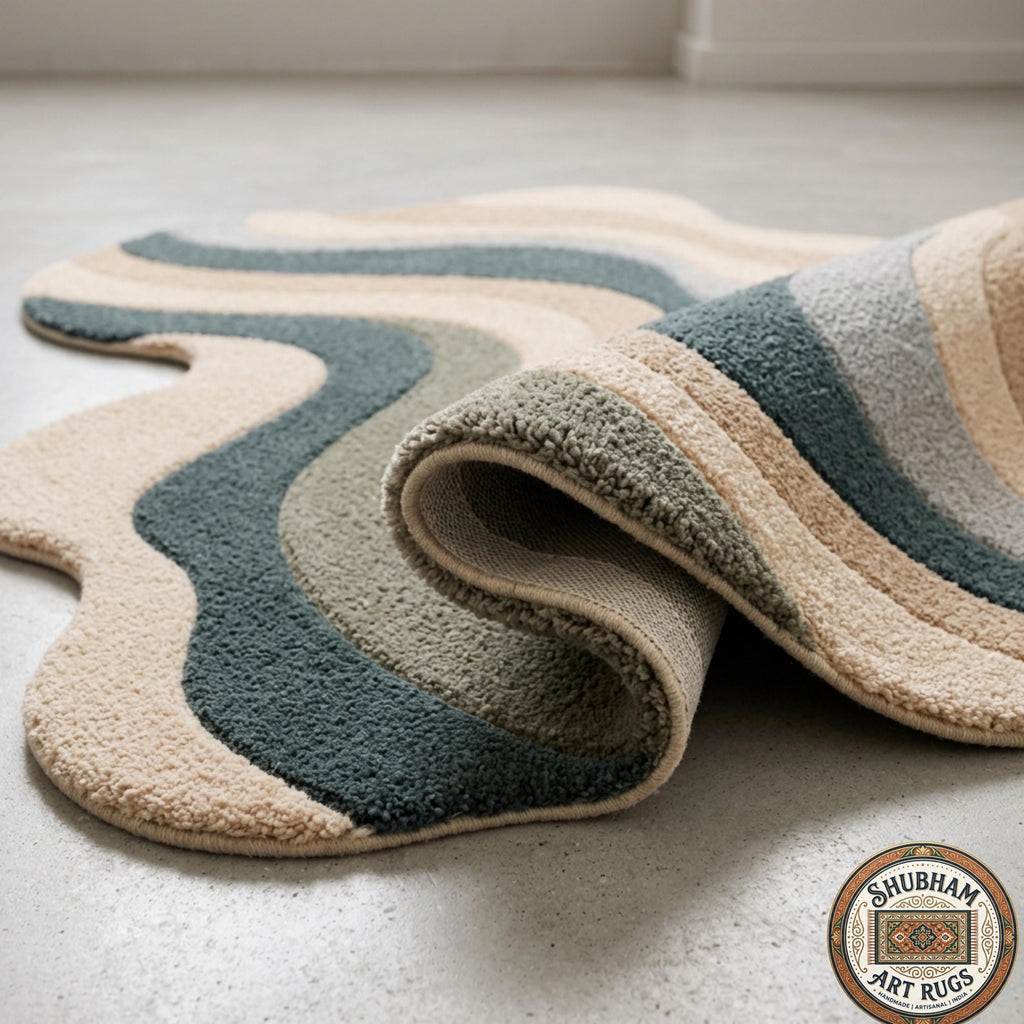 Hand Tufted Wool Rug, Abstract Wavy Area Carpet, New Zealand Blend, Custom Shape Decor