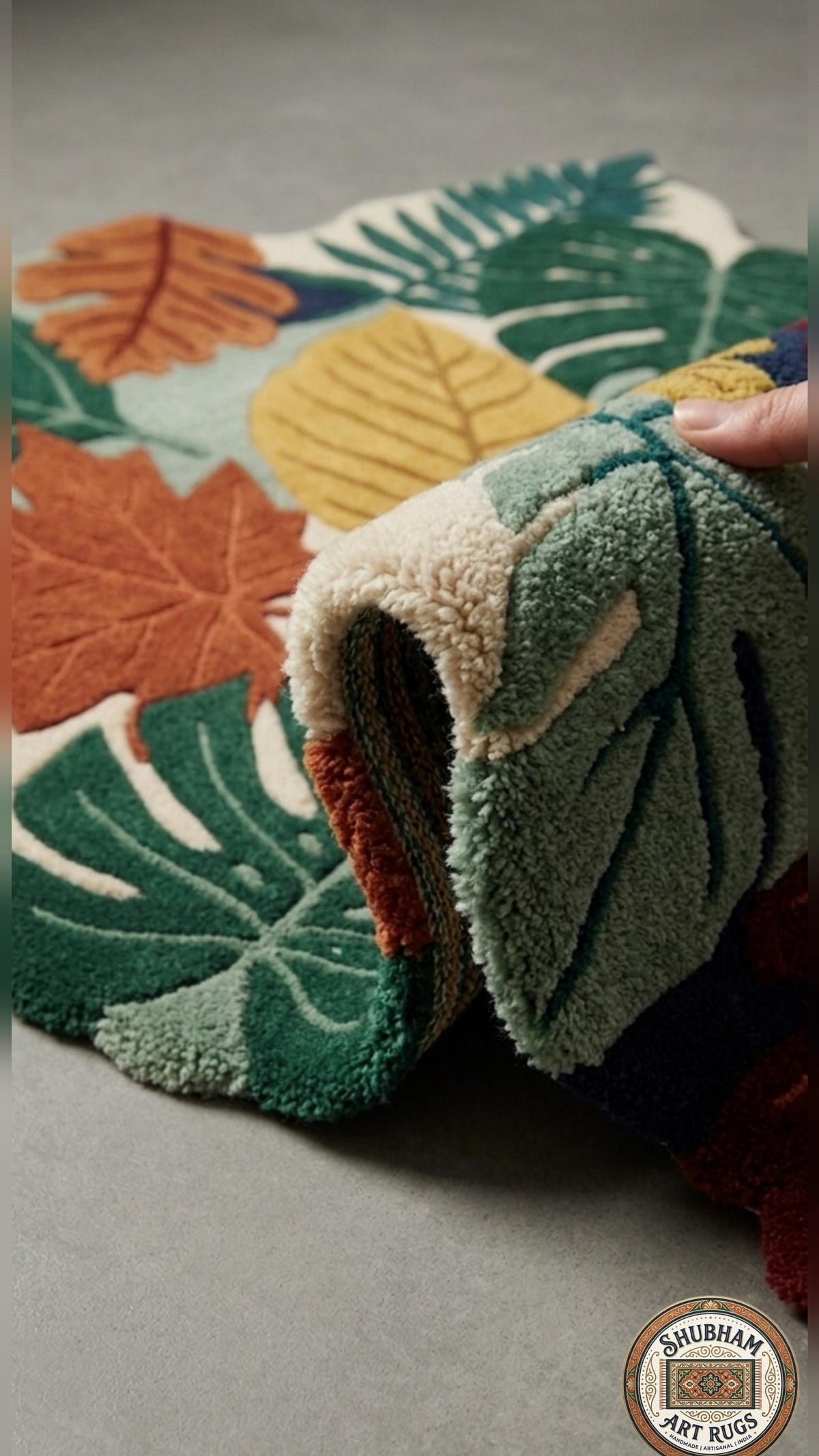 Hand Tufted Leaf Rug, Wool Botanical Carpet, Nature Area Rug, Custom Size