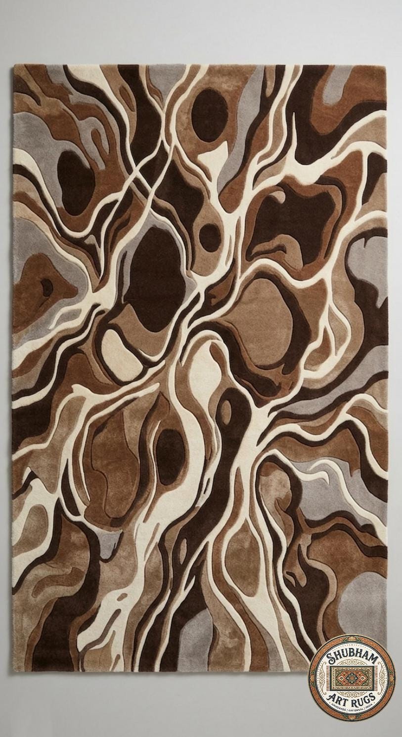 Hand Tufted Wool Rug, Abstract Brown Runner, Modern Organic Carpet, Neutral Beige Area Rug