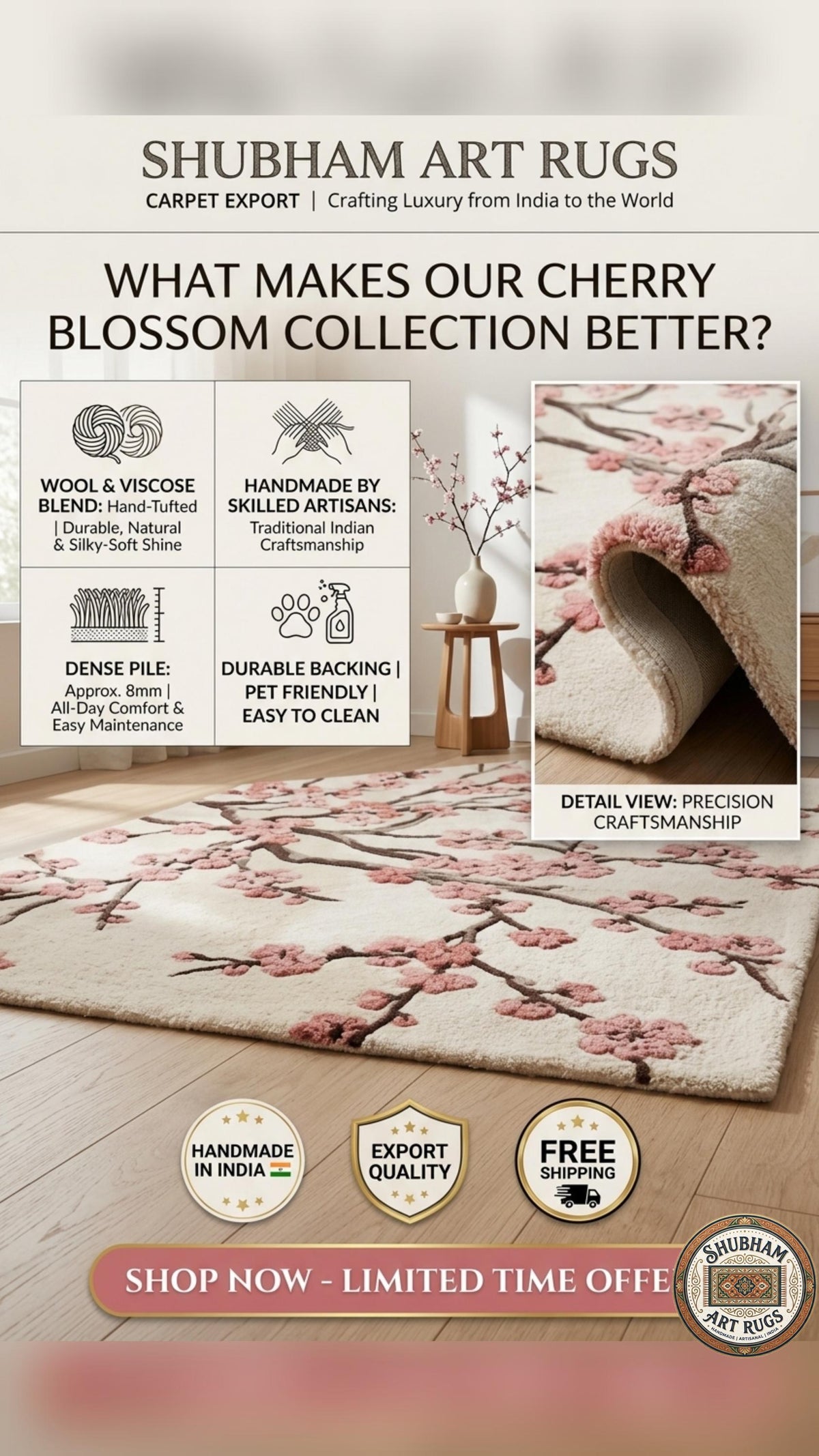 Hand Tufted Wool Rug, Cherry Blossom Floral, New Zealand wool, Japanese Style Carpet