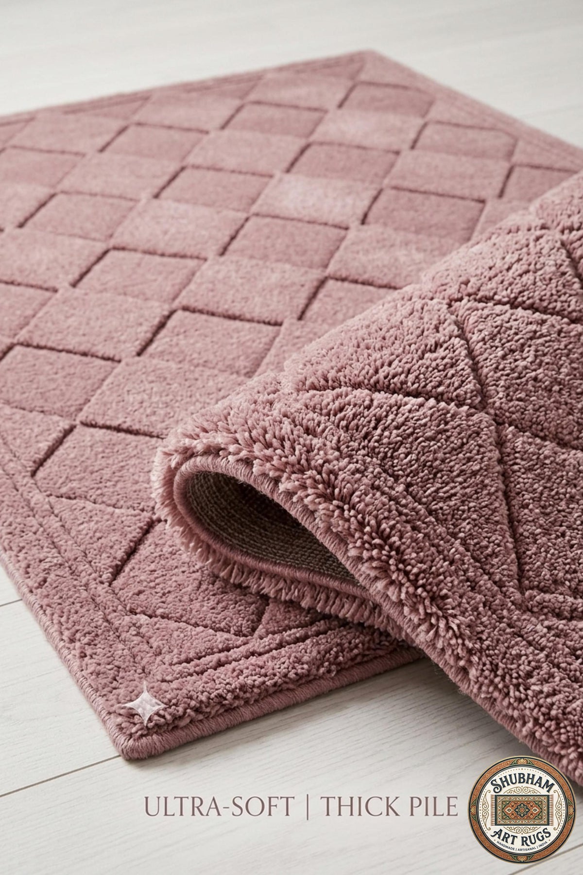 Hand Tufted Wool Rug: pink Geometric Diamond, Modern Minimalist Carpet, Soft Dense Pile