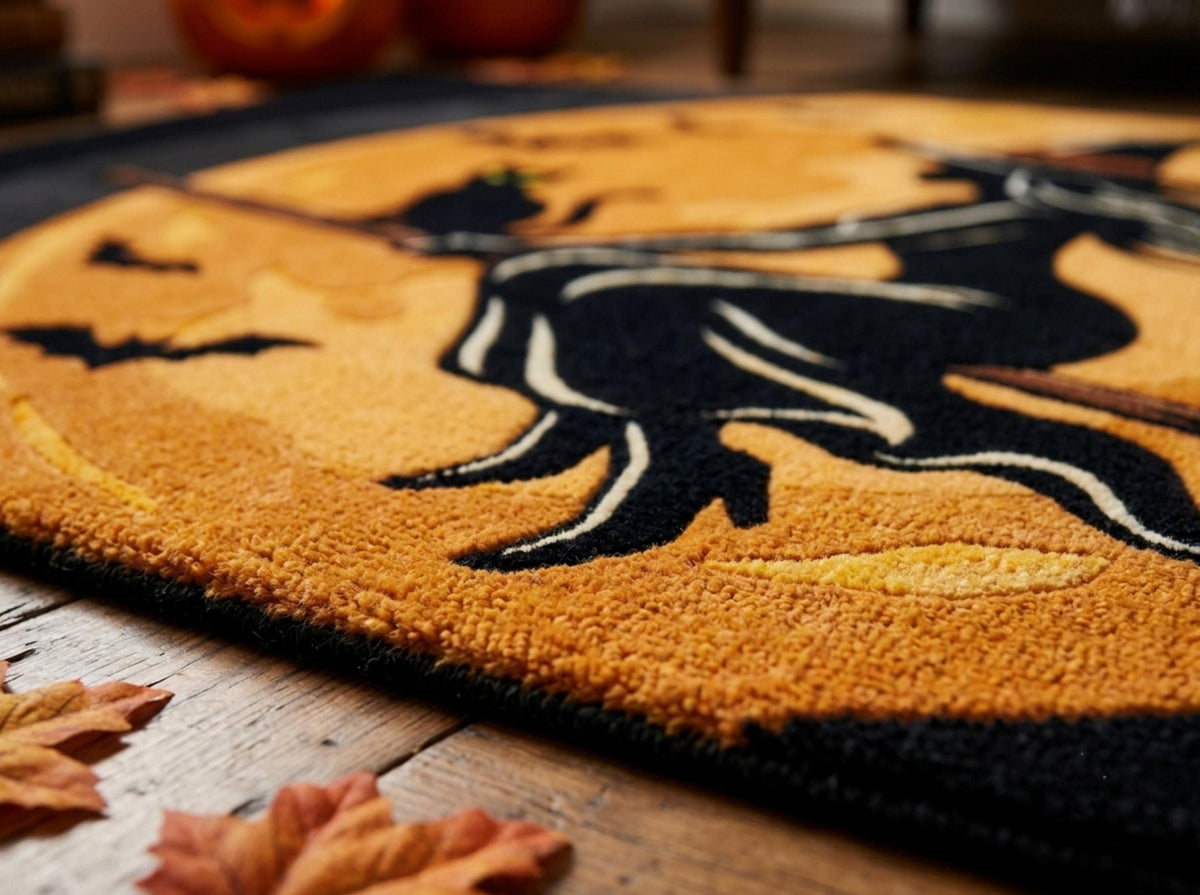 Hand Tufted Halloween Witch Rug, New Zealand Wool Area Rug, Black Orange Fall Decor, Cozy Gothic Home Bedroom Living Room Carpet Accent