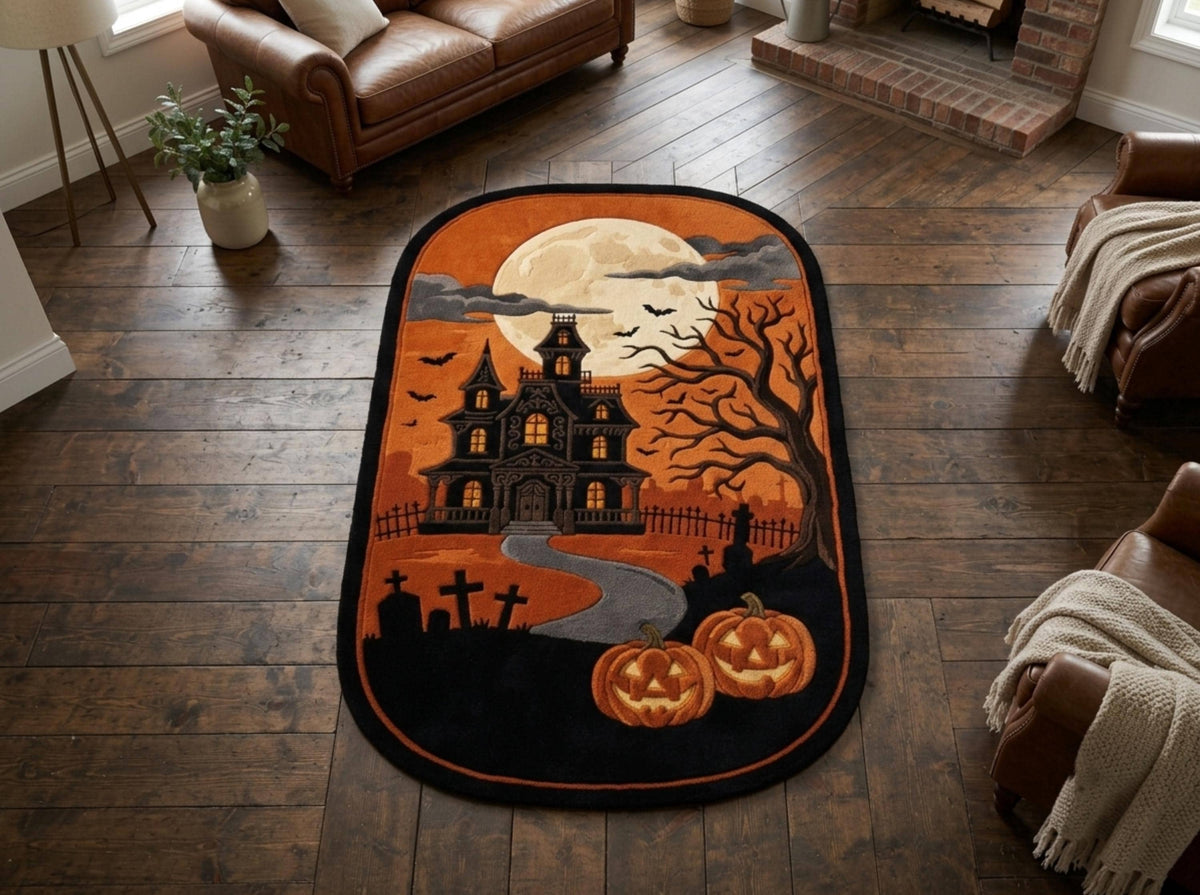 Hand Tufted New Zealand Wool Halloween Rug, Haunted House, Gothic Pumpkin Area Rug