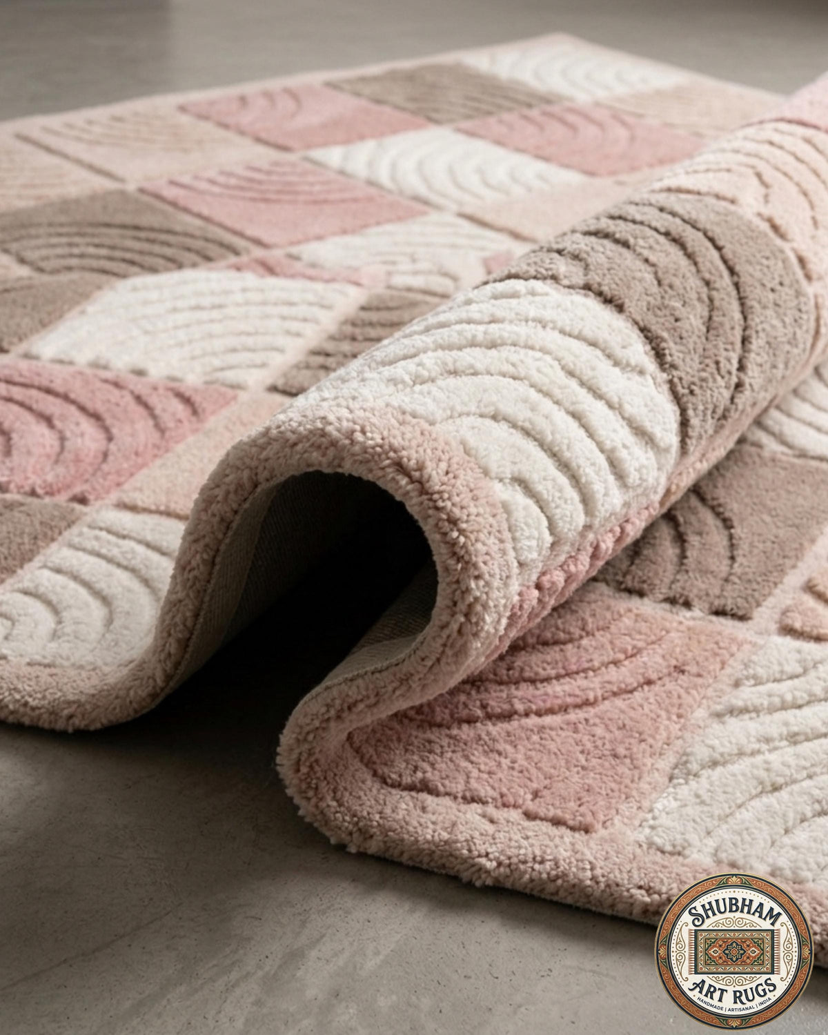 Hand Tufted Wool Rug, Soft Pink Beige Checkered Nursery Carpet, New Zealand wool