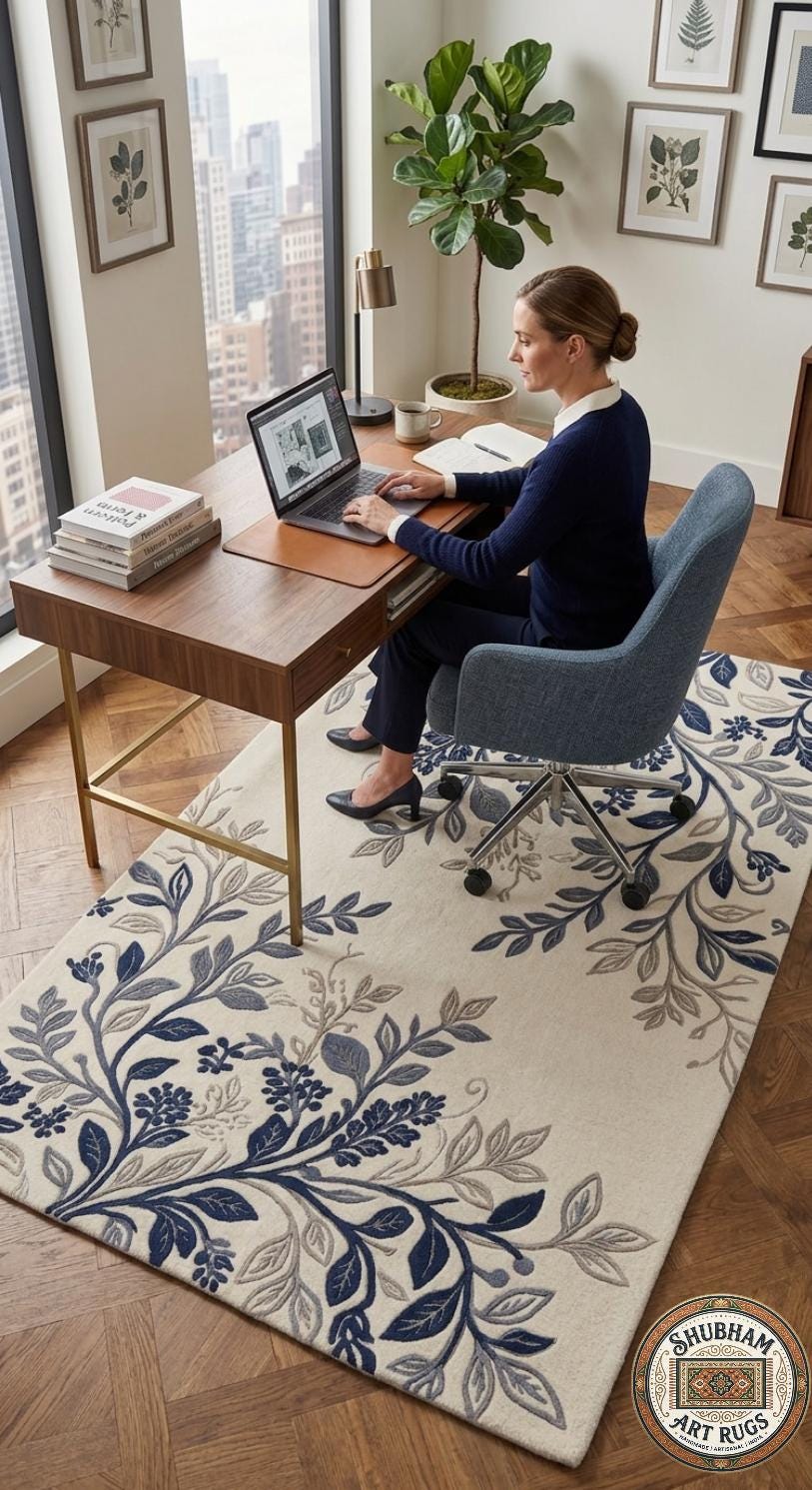 Hand Tufted Wool Botanical Rug, Blue Floral Area Carpet, Farmhouse Living Room Decor
