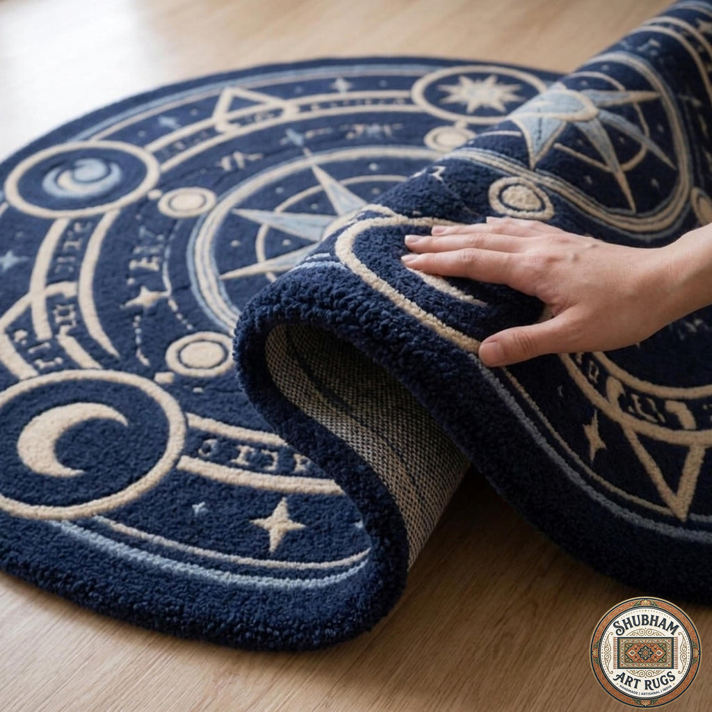 Hand Tufted Wool Celestial Rug, Magic Circle Round Carpet, Astrology Star Navy Blue