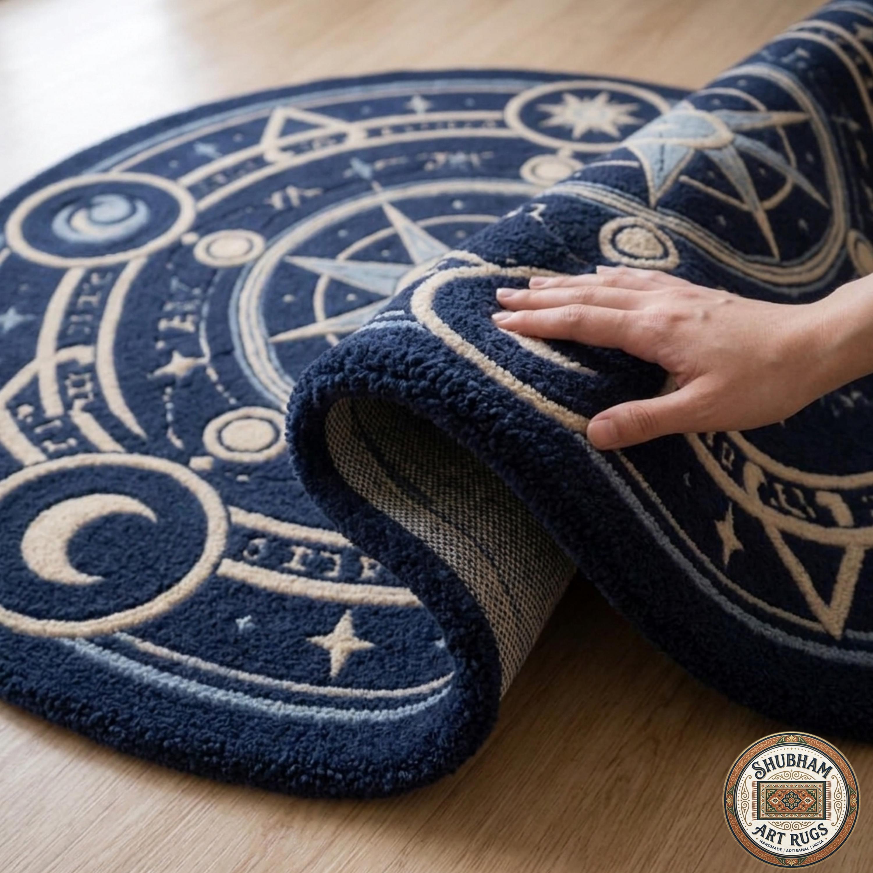 Hand Tufted Wool Celestial Rug, Magic Circle Round Carpet, Astrology Star Navy Blue