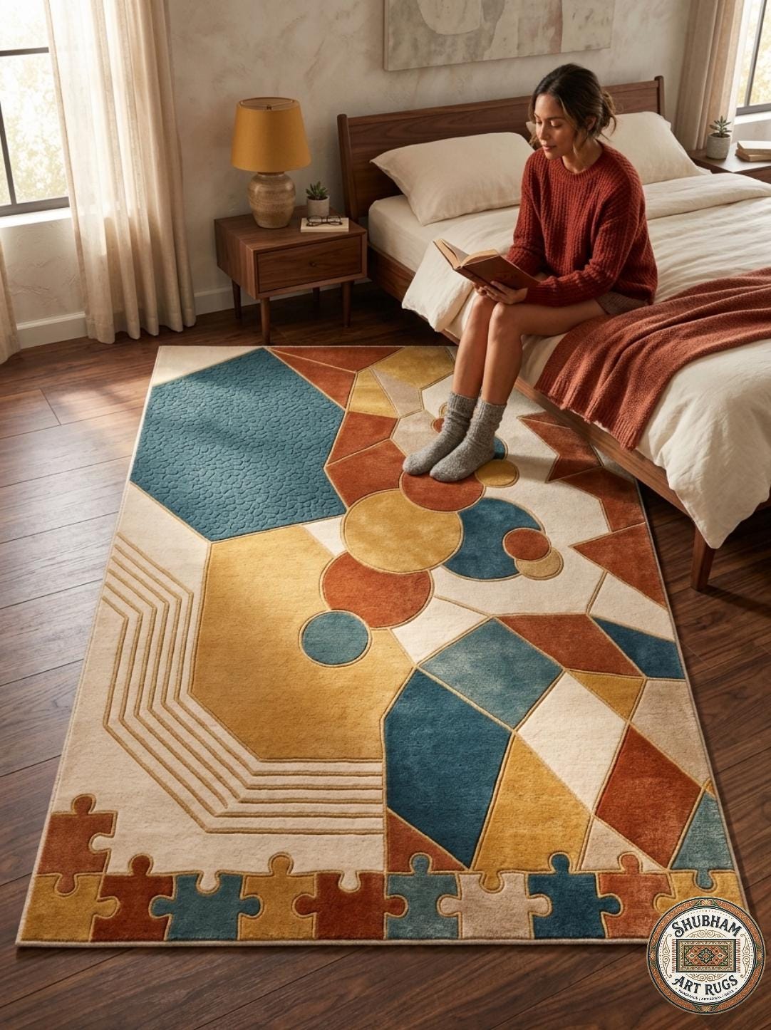 Hand Tufted Wool Rug, Abstract Geometric Puzzle Design, Modern Boho Carpet