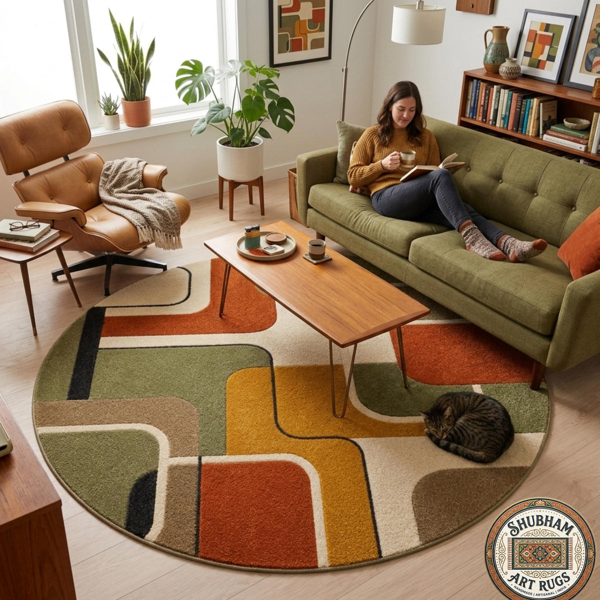 Hand Tufted Wool Rug, Mid Century Modern Abstract Geometric Carpet, Retro Runner
