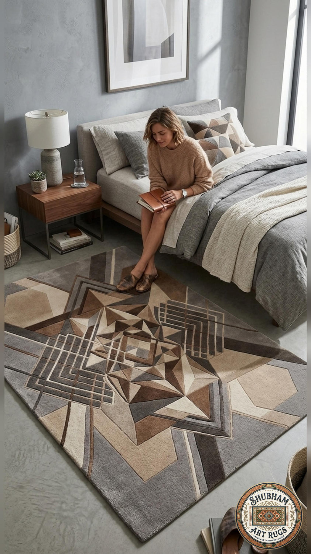 Hand Tufted Wool Rug: Modern Geometric Abstract Brown Beige Carpet