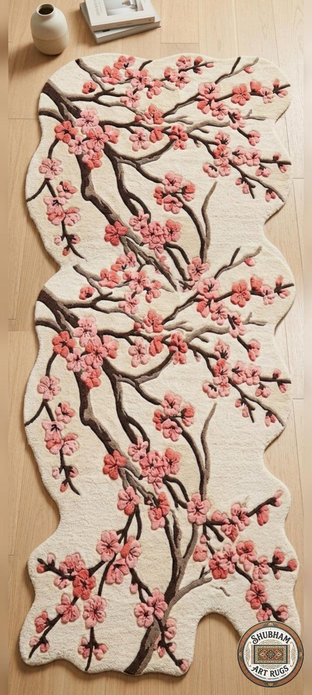 Hand Tufted Cherry Blossom Wool Rug, New Zealand Wool, Organic Floral Carpet Runner